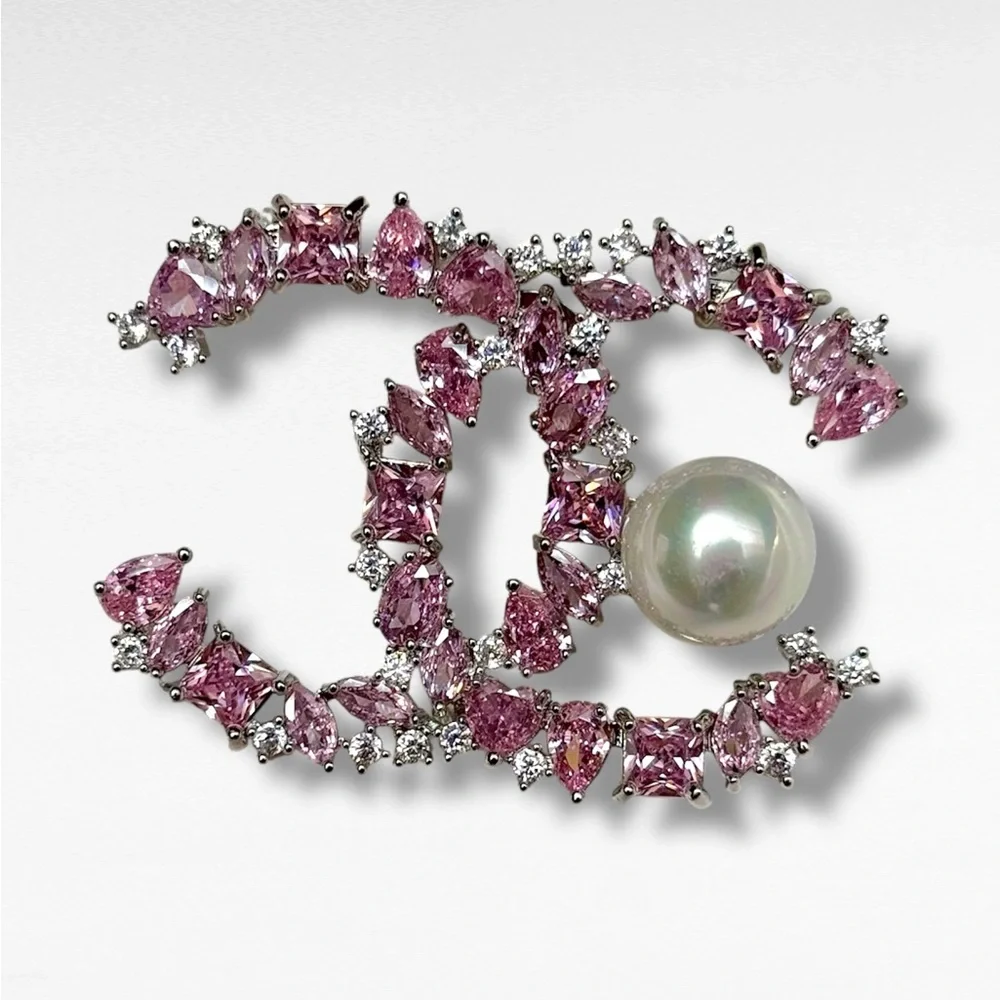 CHANEL Pink Crystal Pearl CC Logo Brooch in Silver Tone